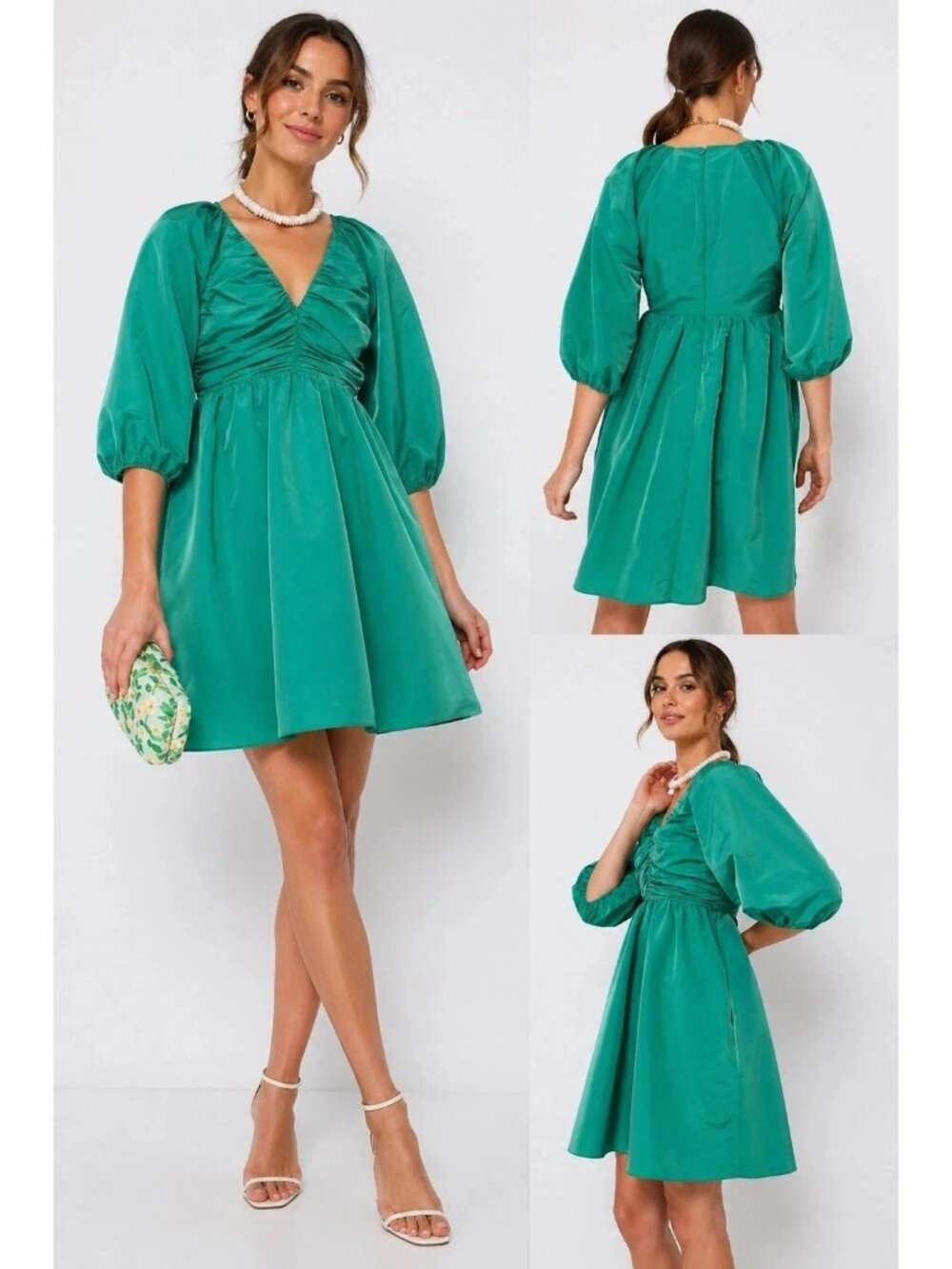 Hyacinth House Tuckernuck Genevieve Mini Dress S Ruched V-Neck Emerald Green